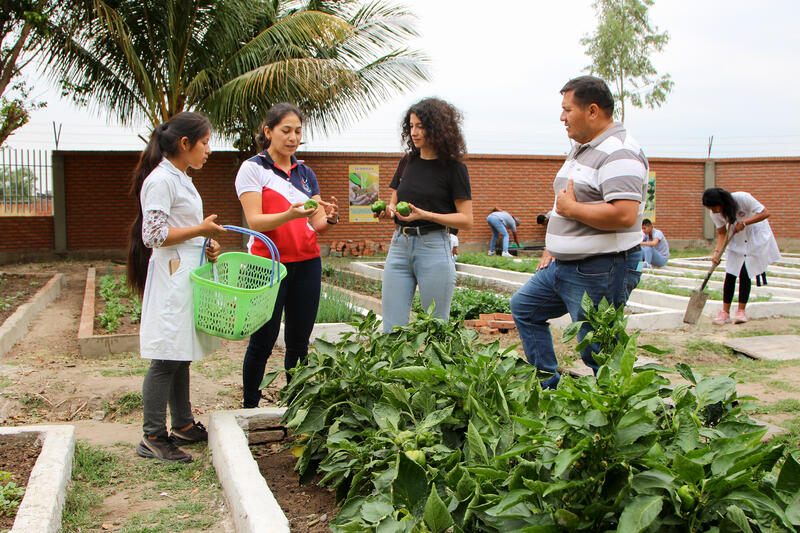 Lisbeth, sa professeure de biologie Mirian Zeballos, Marisol Hofmann et Victor Castro, directeur de l'école Nuevo Milenio à Montero, en discussion au cœur du potager scolaire.